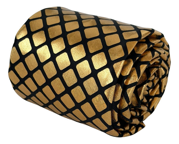 gold lame style tie with black windowpane check design