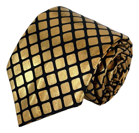 gold lame style tie with black windowpane check design