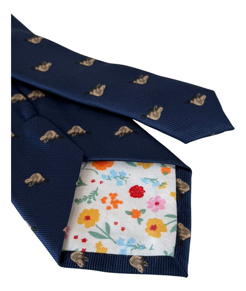 navy dark blue tie with beaver design