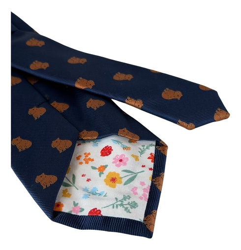 navy dark blue tie with capybara design