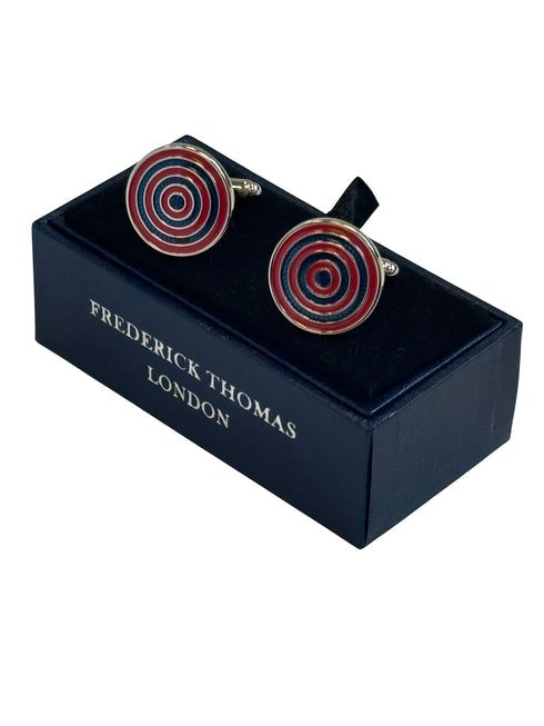 red and blue cufflinks in a circular target design