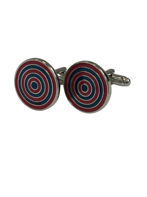 red and blue cufflinks in a circular target design