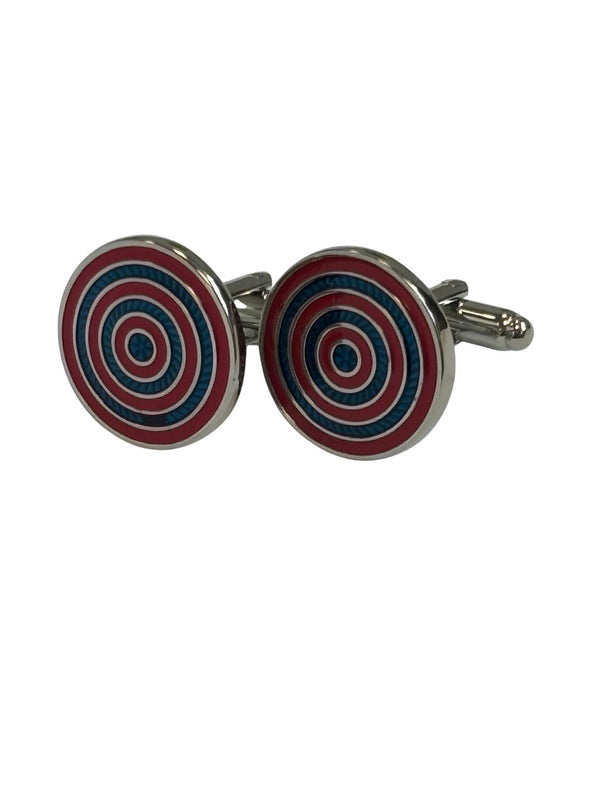 red and blue cufflinks in a circular target design