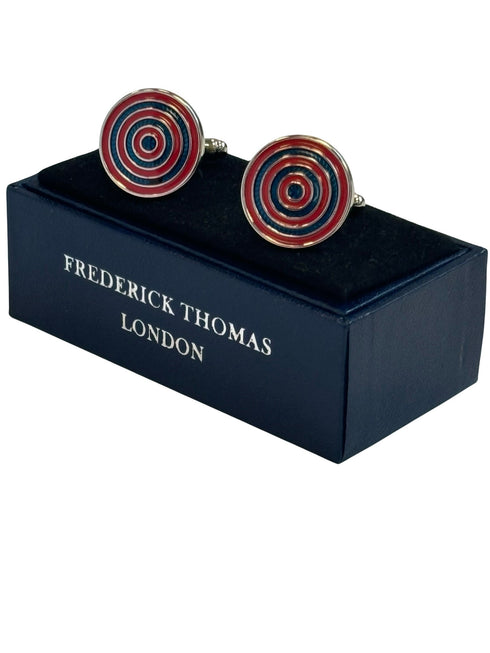red and blue cufflinks in a circular target design