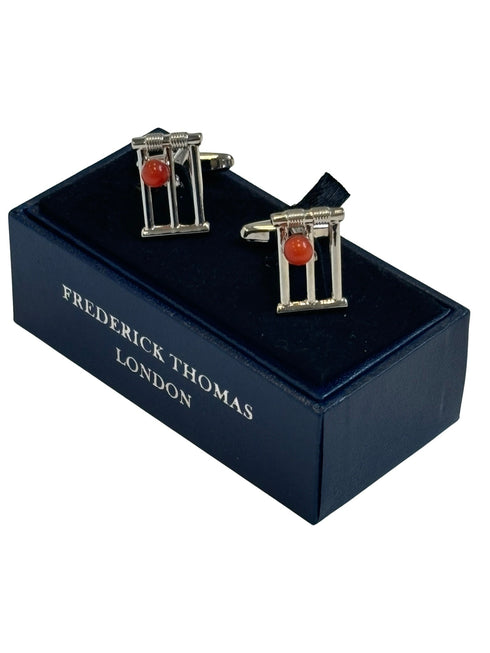 Quirky cricketing style cufflinks in a stumps and ball design