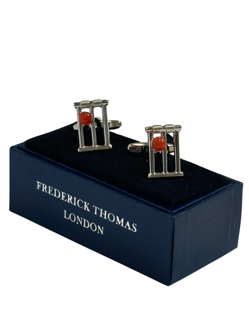 Quirky cricketing style cufflinks in a stumps and ball design