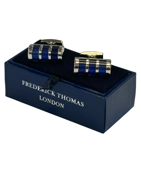 Unusual barrel style silver cufflinks with blue stones