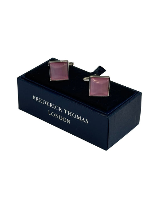 Classic silver square cufflinks with a pale pink stone