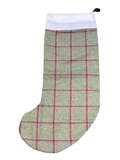 tweed wool Christmas stocking in forest green and red windowpane design