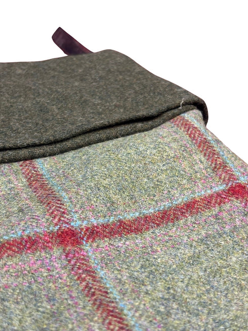 tweed wool Christmas stocking in forest green and red windowpane design and dark green top