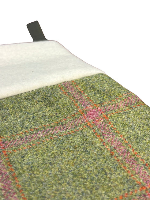 tweed wool Christmas stocking in green and pink windowpane design