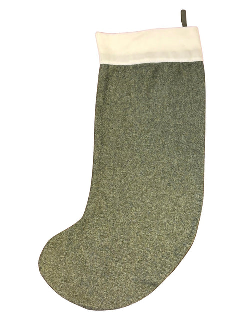 tweed wool Christmas stocking in plain dark forest green herringbone design