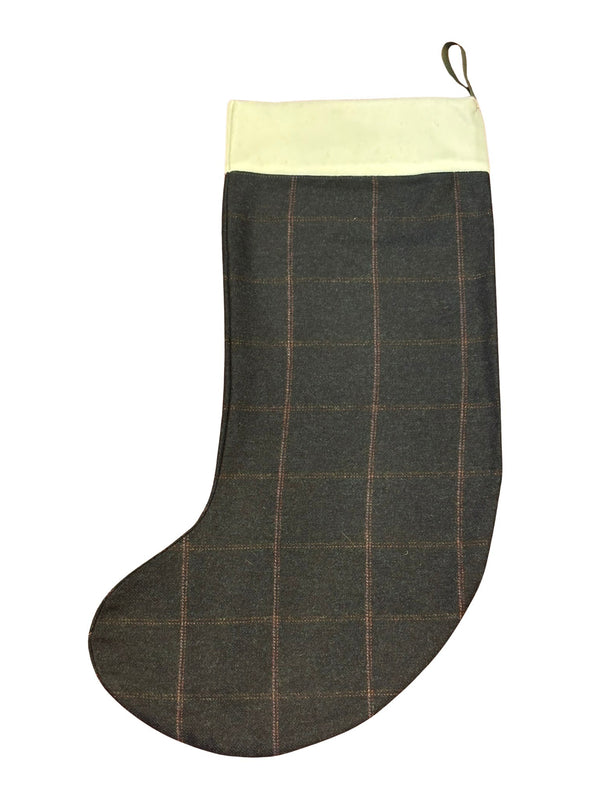 tweed wool Christmas stocking in navy windowpane design