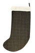 tweed wool Christmas stocking in green with orange gold windowpane