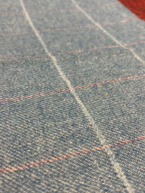 tweed wool Christmas stocking in light blue with white and pink windowpane