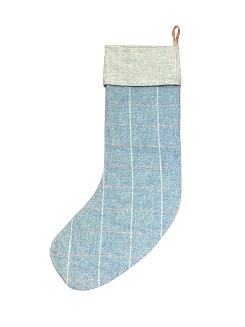 tweed wool Christmas stocking in light blue with white and pink windowpane