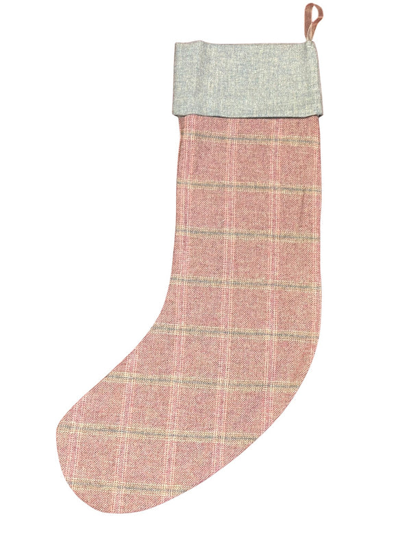 tweed wool Christmas stocking in pink with white and green windowpane