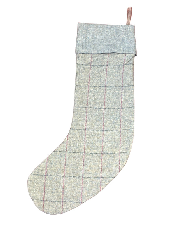 tweed wool Christmas stocking in light blue with blue and pink windowpane