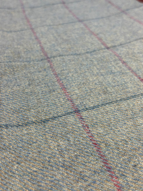 tweed wool Christmas stocking in light blue with blue and pink windowpane