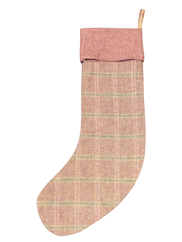 tweed wool Christmas stocking in pink with white and green windowpane and pink top