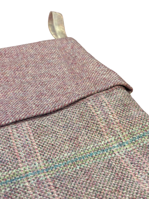 tweed wool Christmas stocking in pink with white and green windowpane and pink top