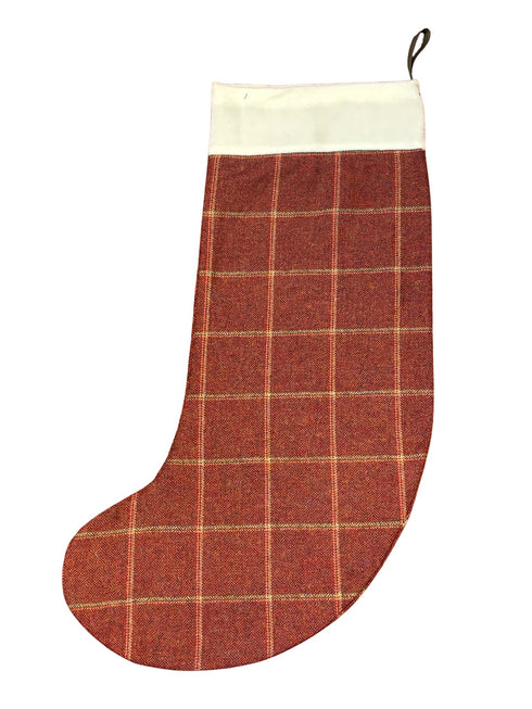 tweed wool Christmas stocking in dark red with green and red windowpane