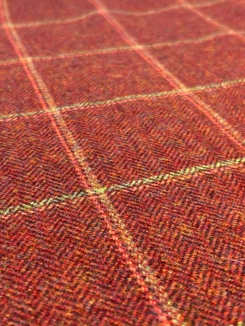 tweed wool Christmas stocking in dark red with green and red windowpane