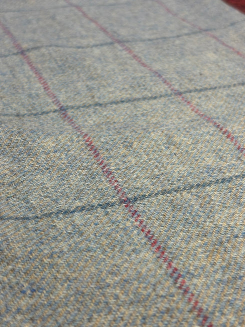 tweed wool Christmas stocking in pale blue with pink and blue windowpane and pink top