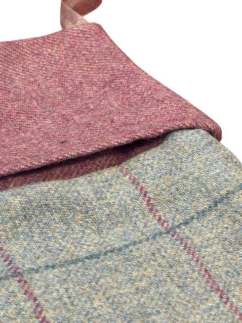 tweed wool Christmas stocking in pale blue with pink and blue windowpane and pink top