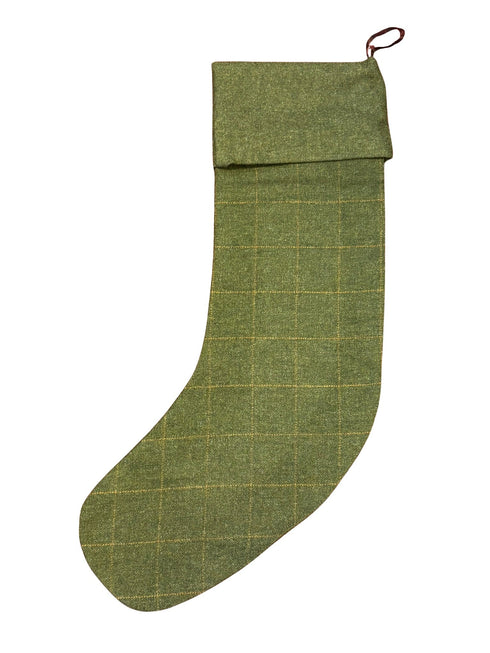 tweed wool Christmas stocking in green with orange gold windowpane and green top