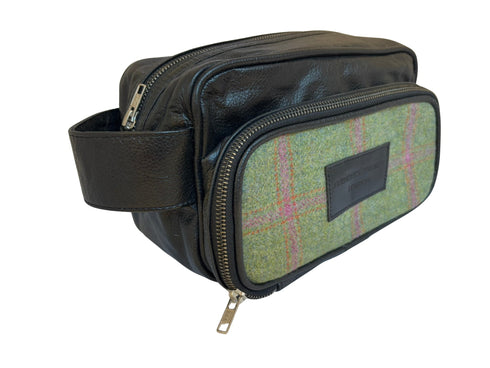 Luxury weekend bag with matching wash bag in forest green and pink check 100% wool tweed with leather straps