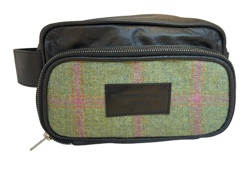 Luxury weekend bag with matching wash bag in forest green and pink check 100% wool tweed with leather straps