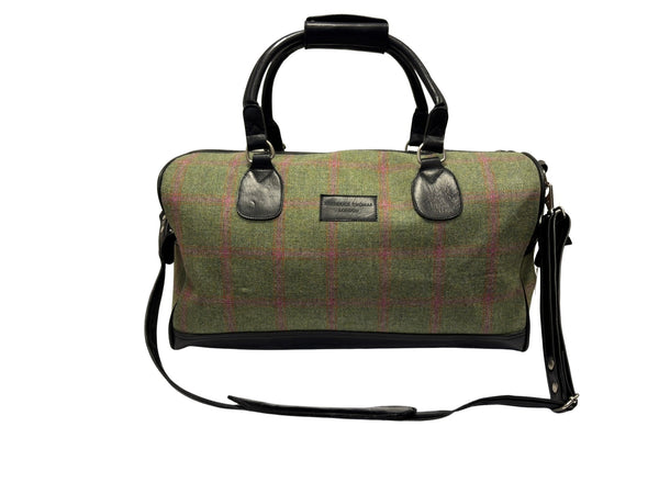 Luxury weekend bag with matching wash bag in forest green and pink check 100% wool tweed with leather straps