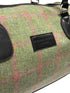 Luxury weekend bag with matching wash bag in forest green and pink check 100% wool tweed with leather straps