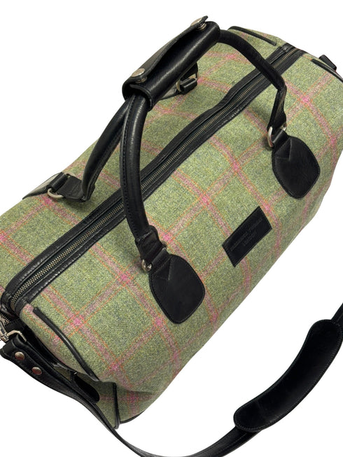 Luxury weekend bag with matching wash bag in forest green and pink check 100% wool tweed with leather straps