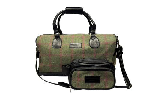 Luxury weekend bag with matching wash bag in forest green and pink check 100% wool tweed with leather straps