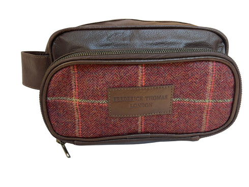 Luxury weekend overnight bag & toiletries wash bag in maroon red traditional check 100% wool tweed, leather straps