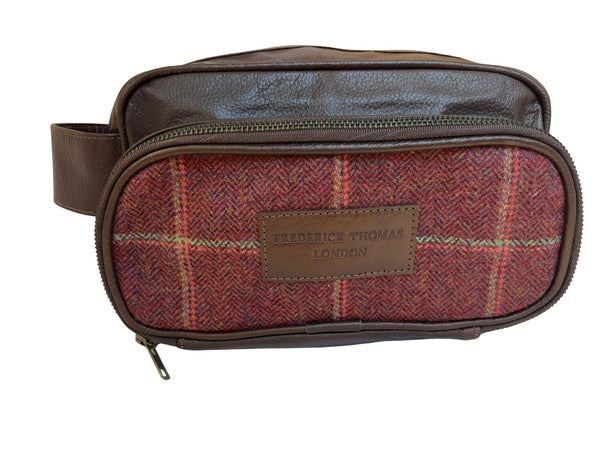 Luxury weekend overnight bag & toiletries wash bag in maroon red traditional check 100% wool tweed, leather straps