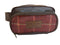 Luxury weekend overnight bag & toiletries wash bag in maroon red traditional check 100% wool tweed, leather straps