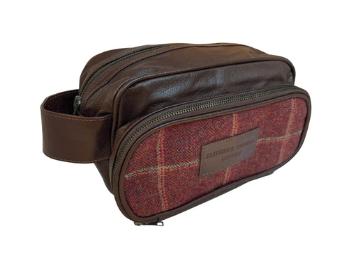 Luxury weekend overnight bag & toiletries wash bag in maroon red traditional check 100% wool tweed, leather straps