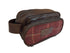 Luxury weekend overnight bag & toiletries wash bag in maroon red traditional check 100% wool tweed, leather straps