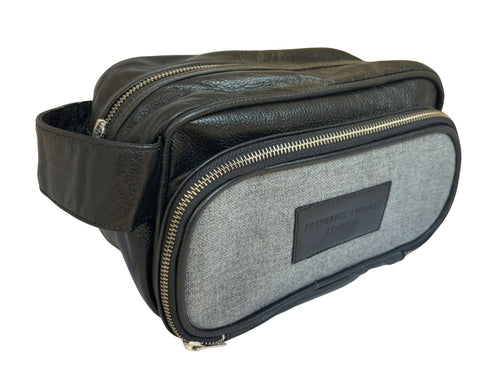 Luxury toiletries wash bag in plain light silver grey 100% wool tweed with leather strap