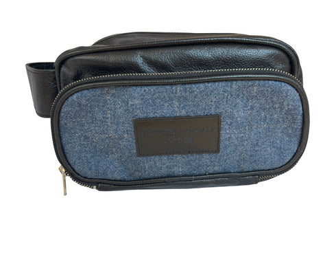 Luxury weekend overnight bag & matching toiletries wash bag medium blue with pale white windowpane 100% wool tweed