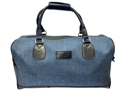 Luxury weekend overnight bag & matching toiletries wash bag medium blue with pale white windowpane 100% wool tweed