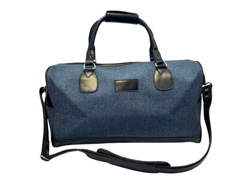 Luxury weekend overnight bag & matching toiletries wash bag medium blue with pale white windowpane 100% wool tweed