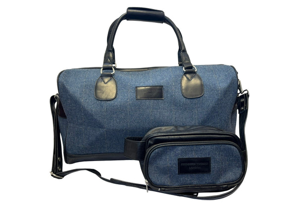 Luxury weekend overnight bag & matching toiletries wash bag medium blue with pale white windowpane 100% wool tweed
