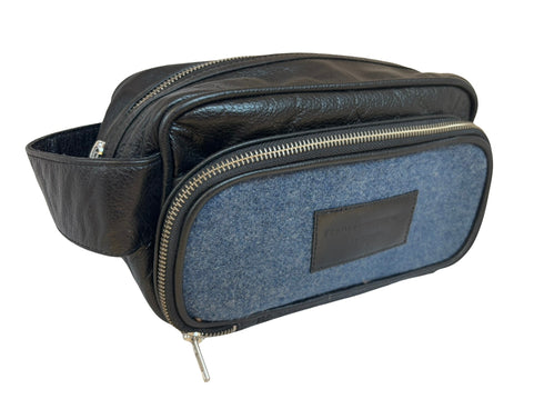Luxury weekend overnight bag & matching toiletries wash bag medium blue 100% wool tweed