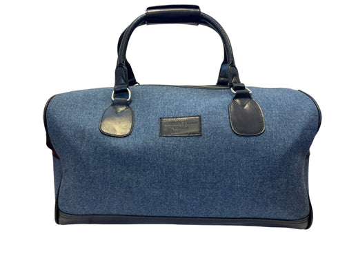 Luxury weekend overnight bag & matching toiletries wash bag medium blue 100% wool tweed