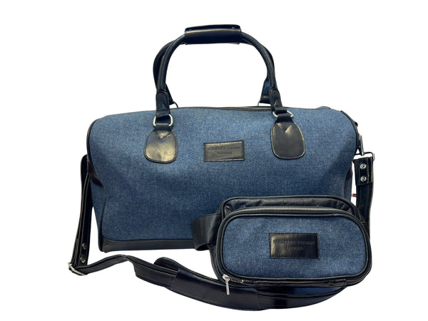 Luxury weekend overnight bag & matching toiletries wash bag medium blue 100% wool tweed