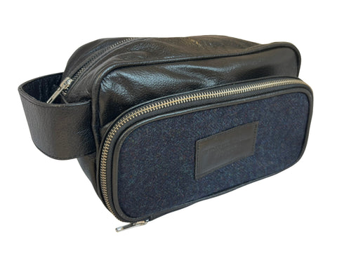 Luxury weekend overnight bag & matching toiletries wash bag navy blue with black leather handles
